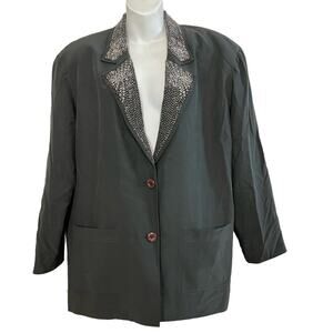 IB DIFFUSION 100% Silk Gray Studded Collar Suit Jacket Blazer Longline sz 10